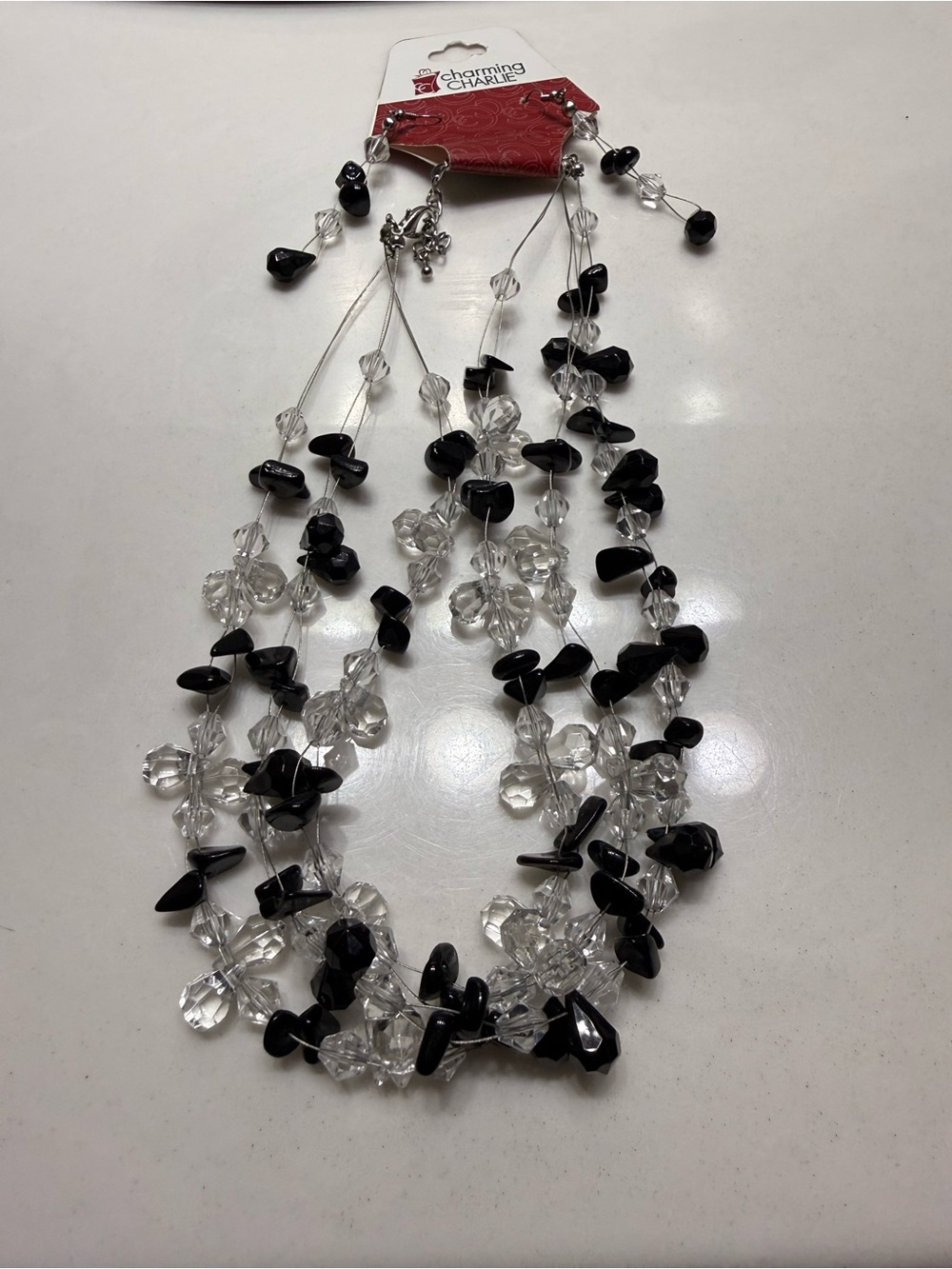 Charming Charlie Black & Clear Multi-Strand Beaded Necklace